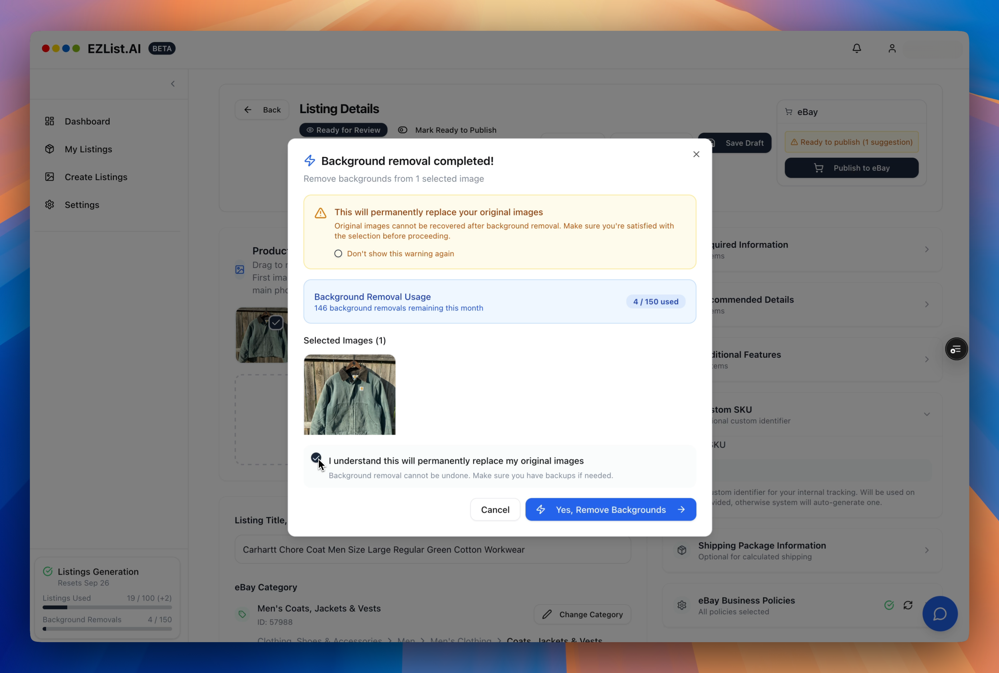 Confirming background removal in EZList