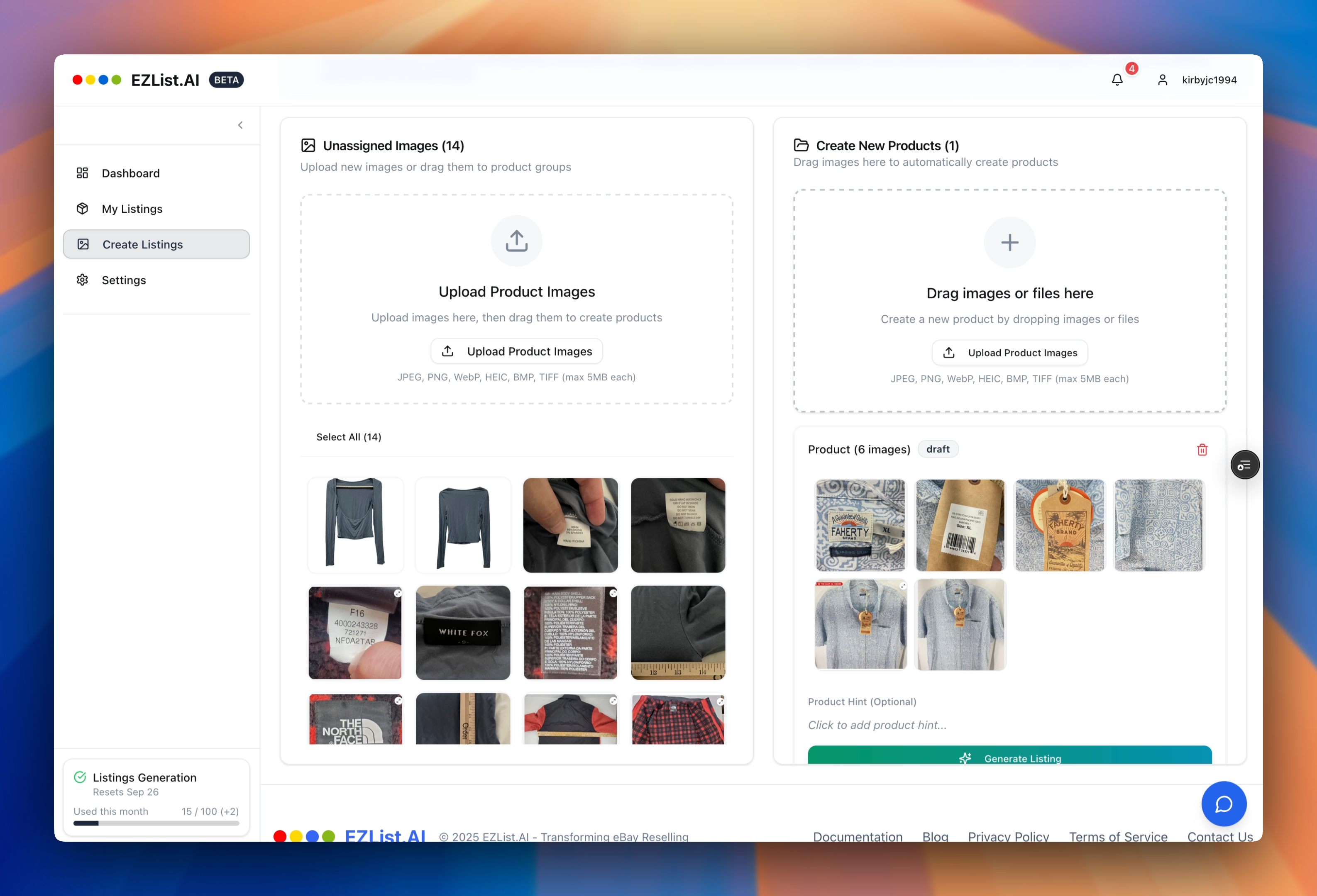 Create New Listing Page