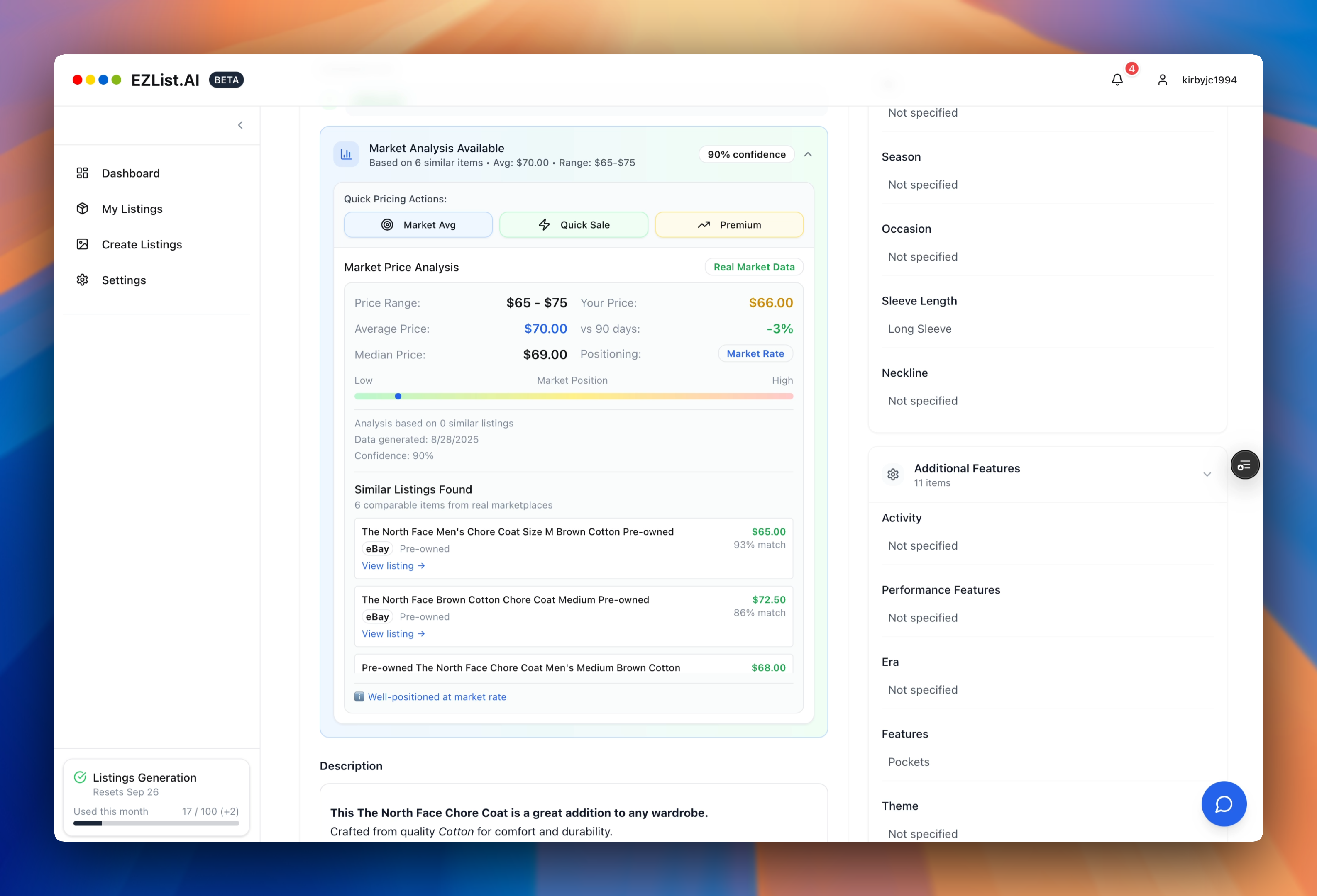 Market Price Analysis Dashboard showing sold listings, competition data, and pricing recommendations