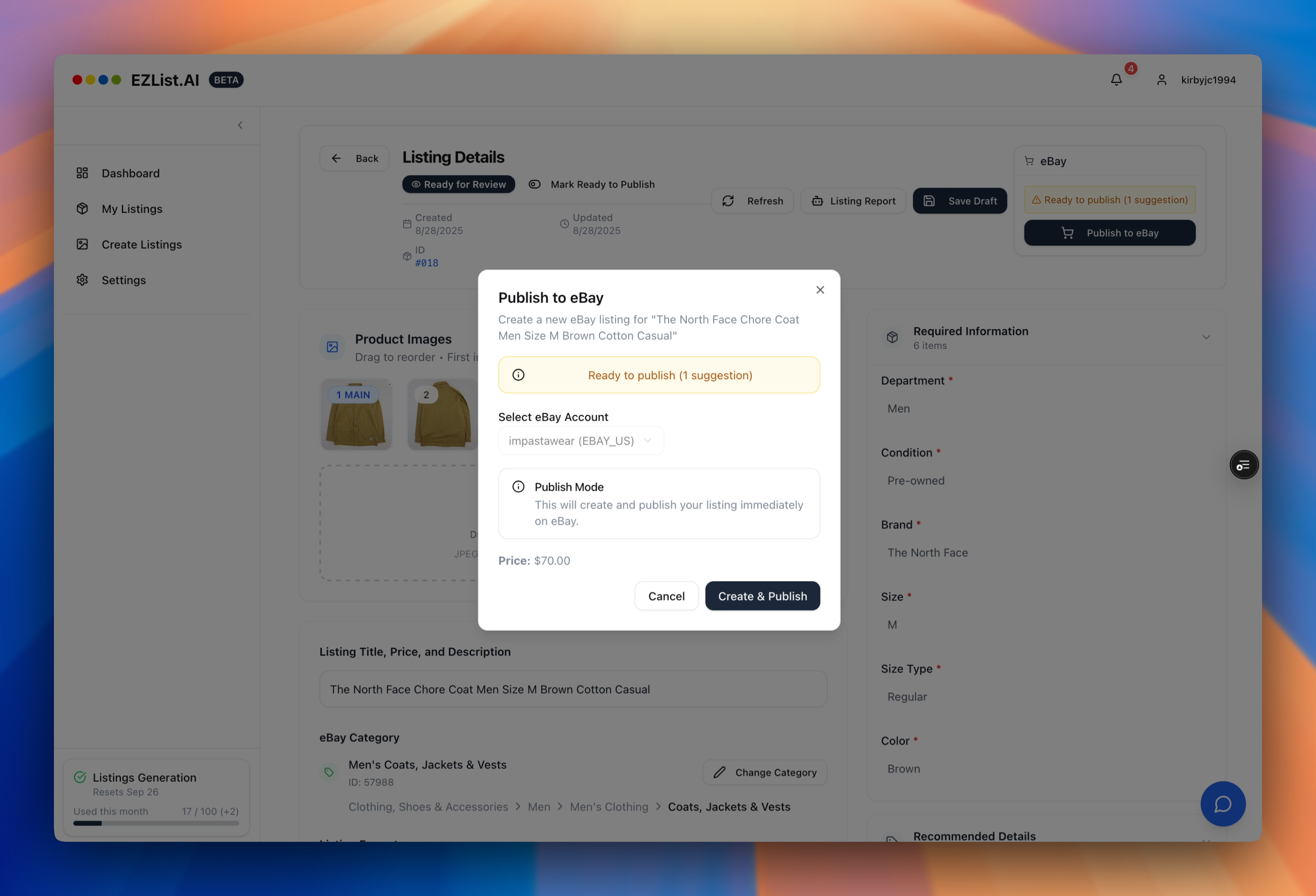 Publish Listing to eBay Interface