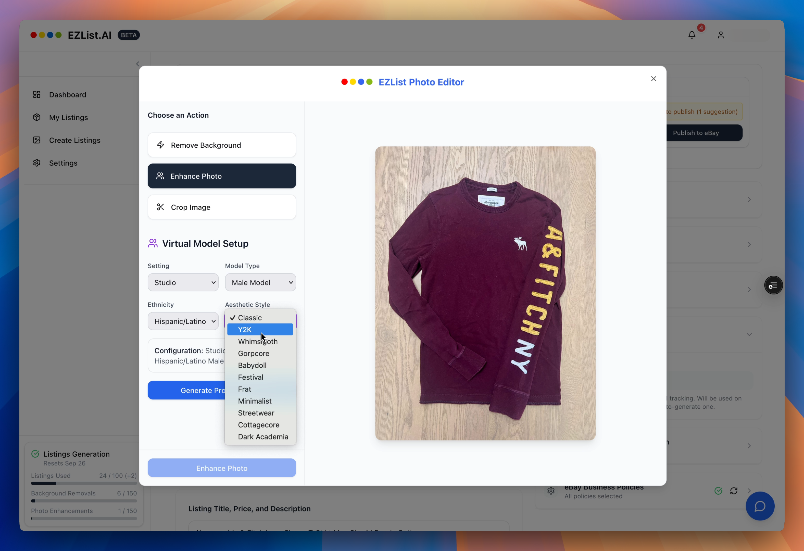 Photo Enhancement Model Selection Interface