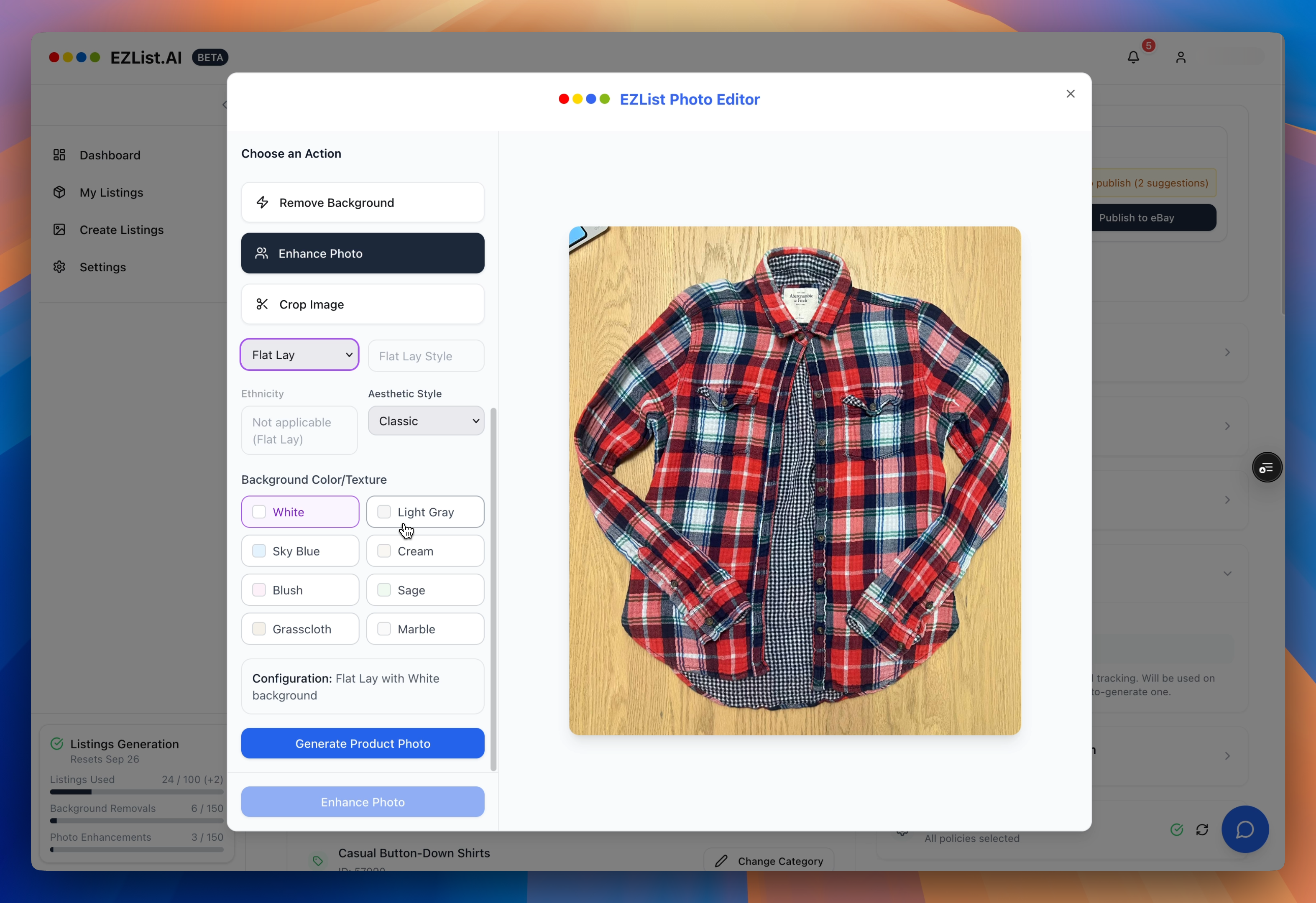 Selecting flat lay settings in EZList photo enhancement