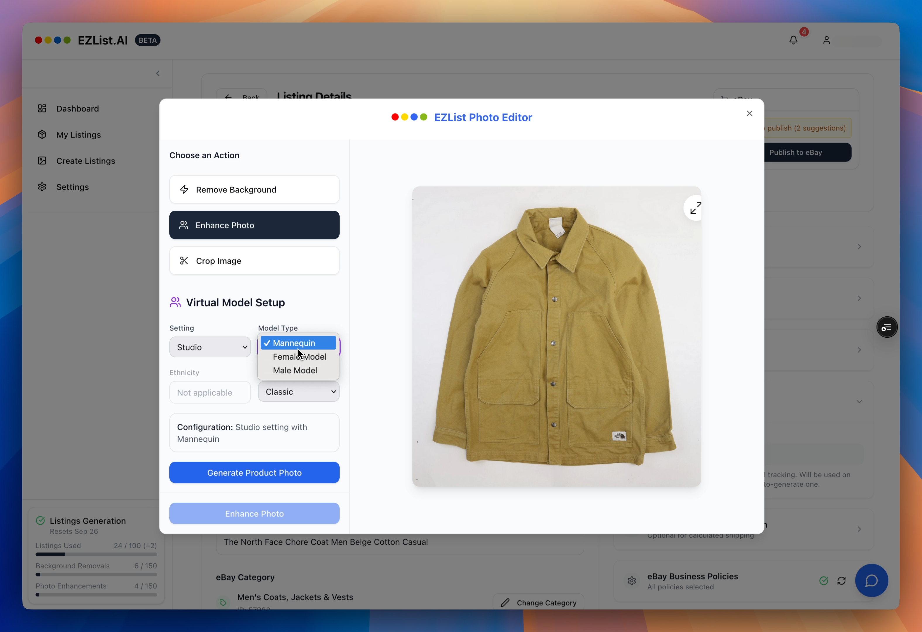 Selecting mannequin settings for product enhancement